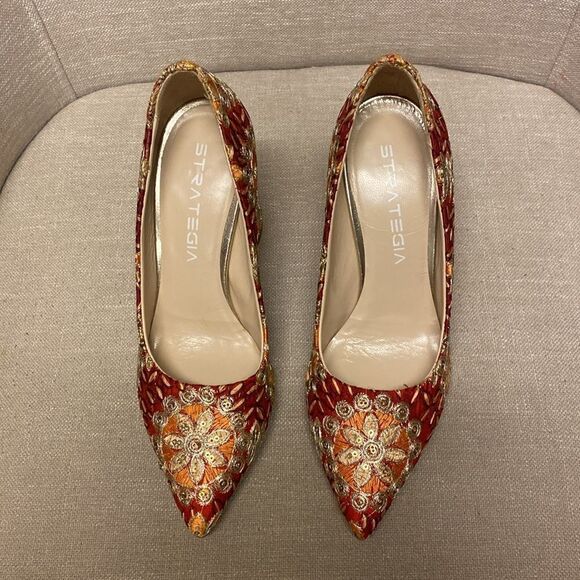 TRATEGIA Red pump hi heel embroidered comfortable shoes - Picture 6 of 10